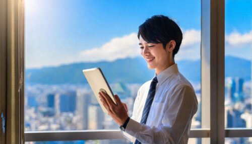 Firefly 日本人28歳のやさしそうな男性ケアマネジャー　横顔　笑顔で喜んでいる　タブレットを操作している 窓から青空が見える 70373
